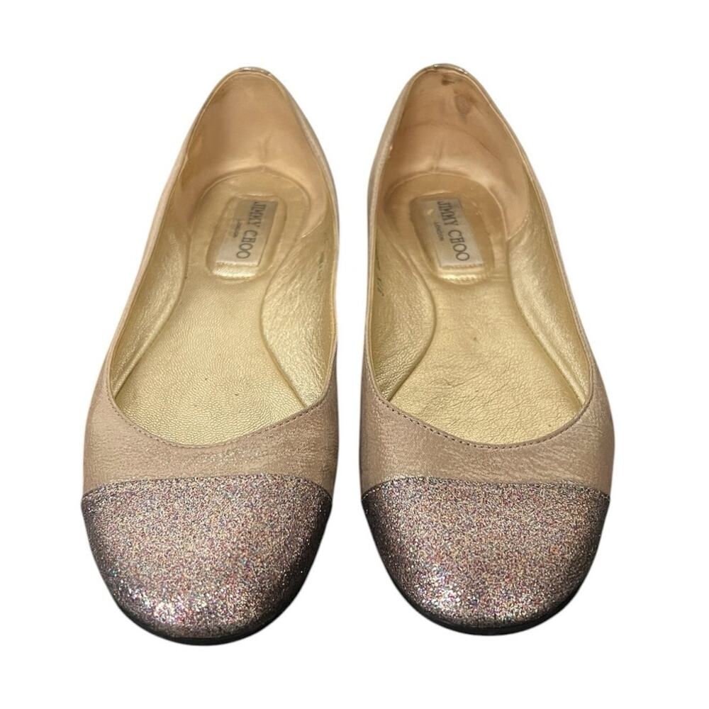 Jimmy Choo Champagne Gold Flats with Rainbow Glitter Toe Caps Size 37.5 / US 7.5